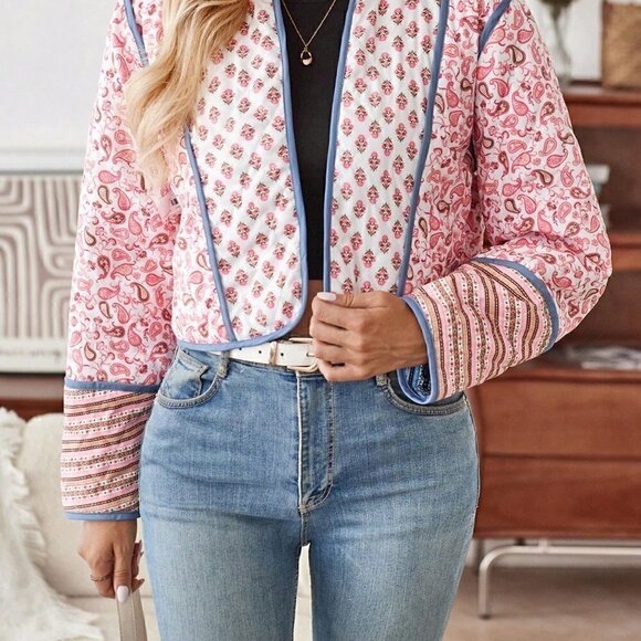 Multicolor Preppy Womens Floral Print Reversible Open Front Winter Coat - Picture 3 of 5